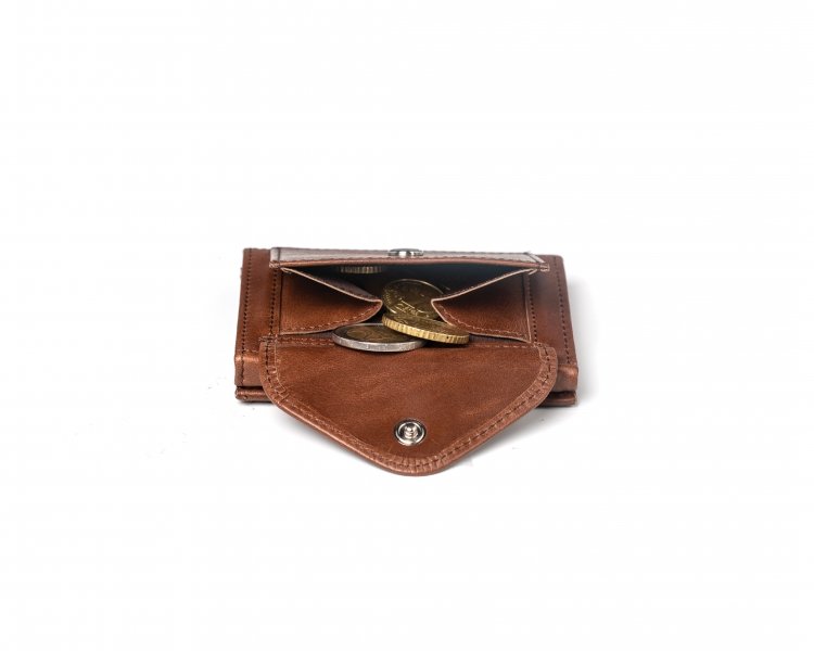 7. Brown leather EXENTRI Multiwallet coin pocket with coins inside