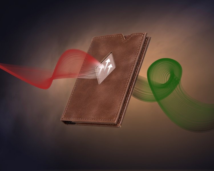 13. Brown EXENTRI Miniwallet with visual representation of RFID blocking