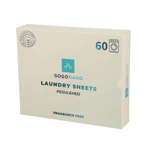 2. GoGoNano laundry detergent sheets packaging, fragrance-free, 60 loads, eco-friendly label visible, studio shot