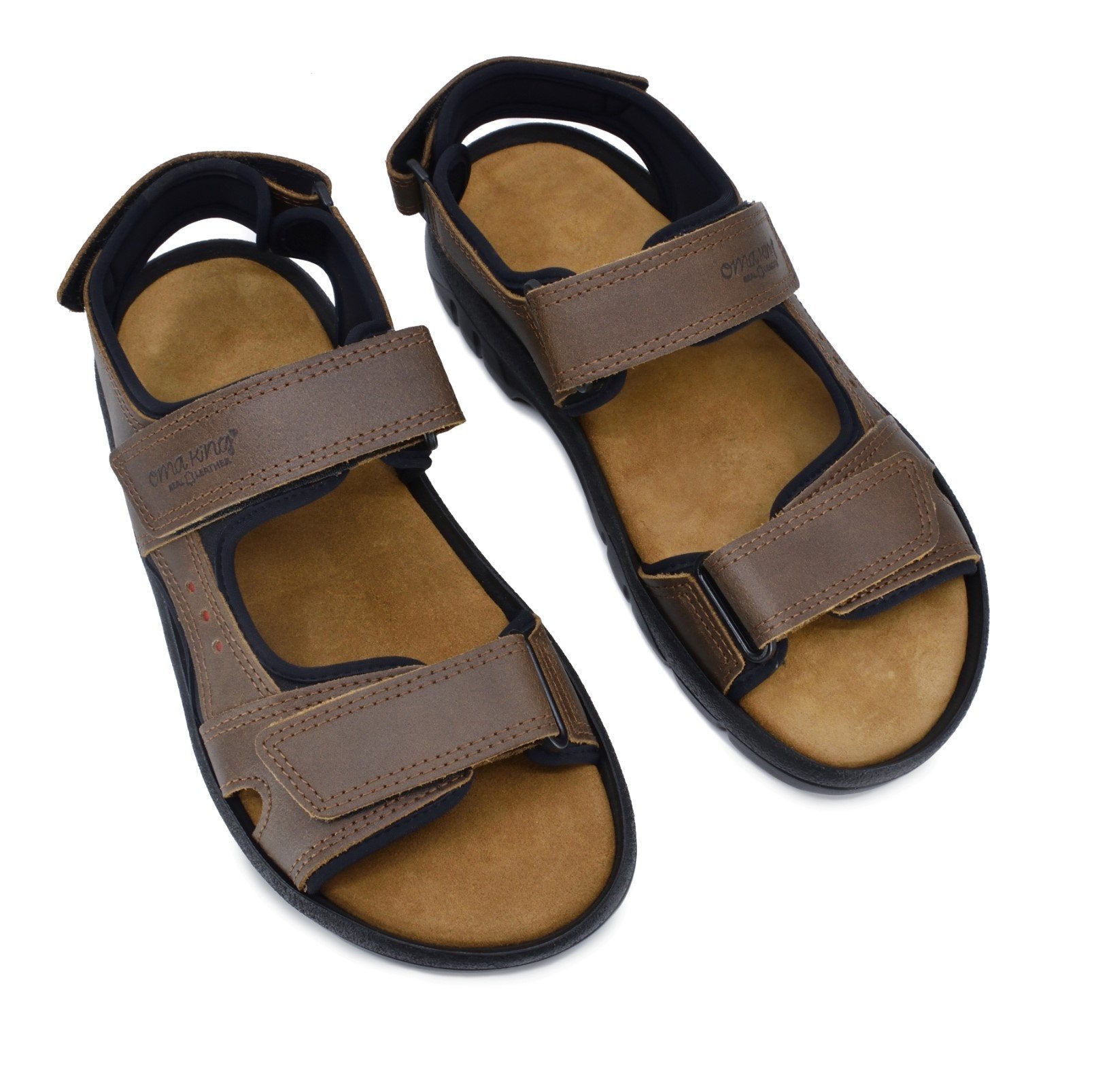 5. Studio shot of Omaking Lauri Leather Sandals in brown, showing three adjustable Velcro straps and durable sole
