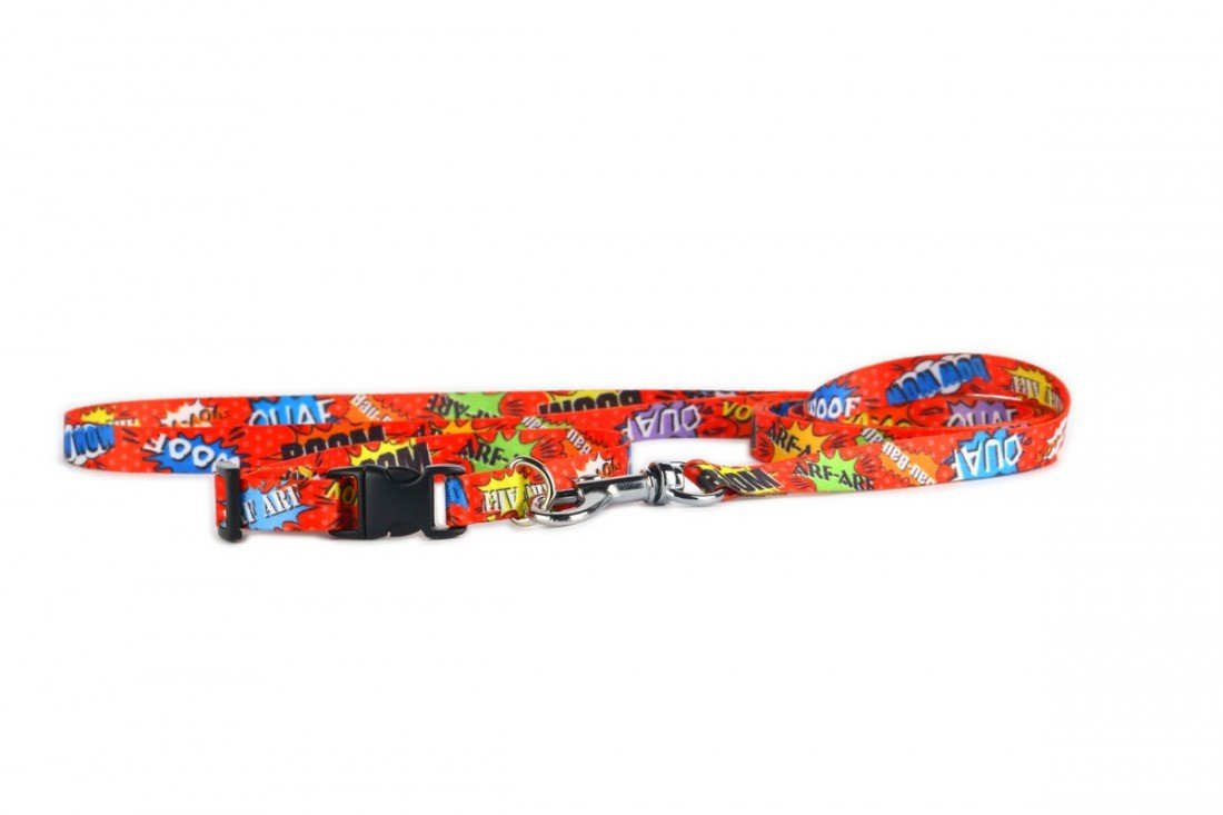2. Red graffiti dog leash with colorful text and metal carabiner, shown on a white background
