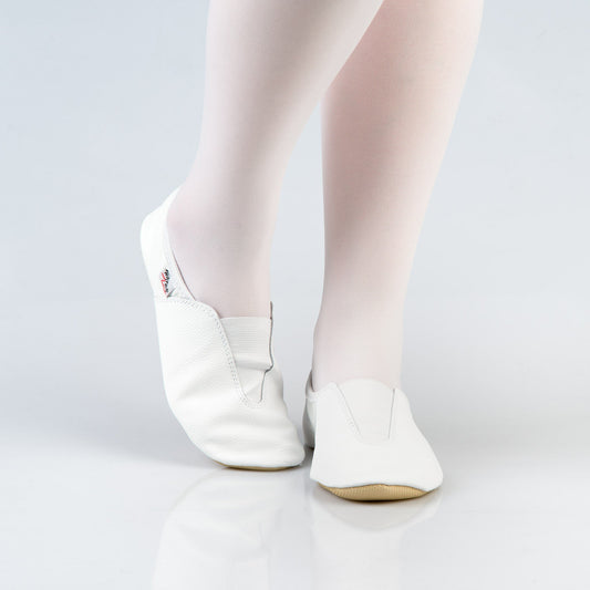 2. Women's white leather gymnastics slippers with rubber sole, shown from the front in studio setting