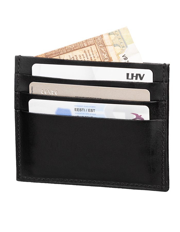 6. Black Stella Soomlais slim fit leather wallet with cards and cash inserted, showing functionality