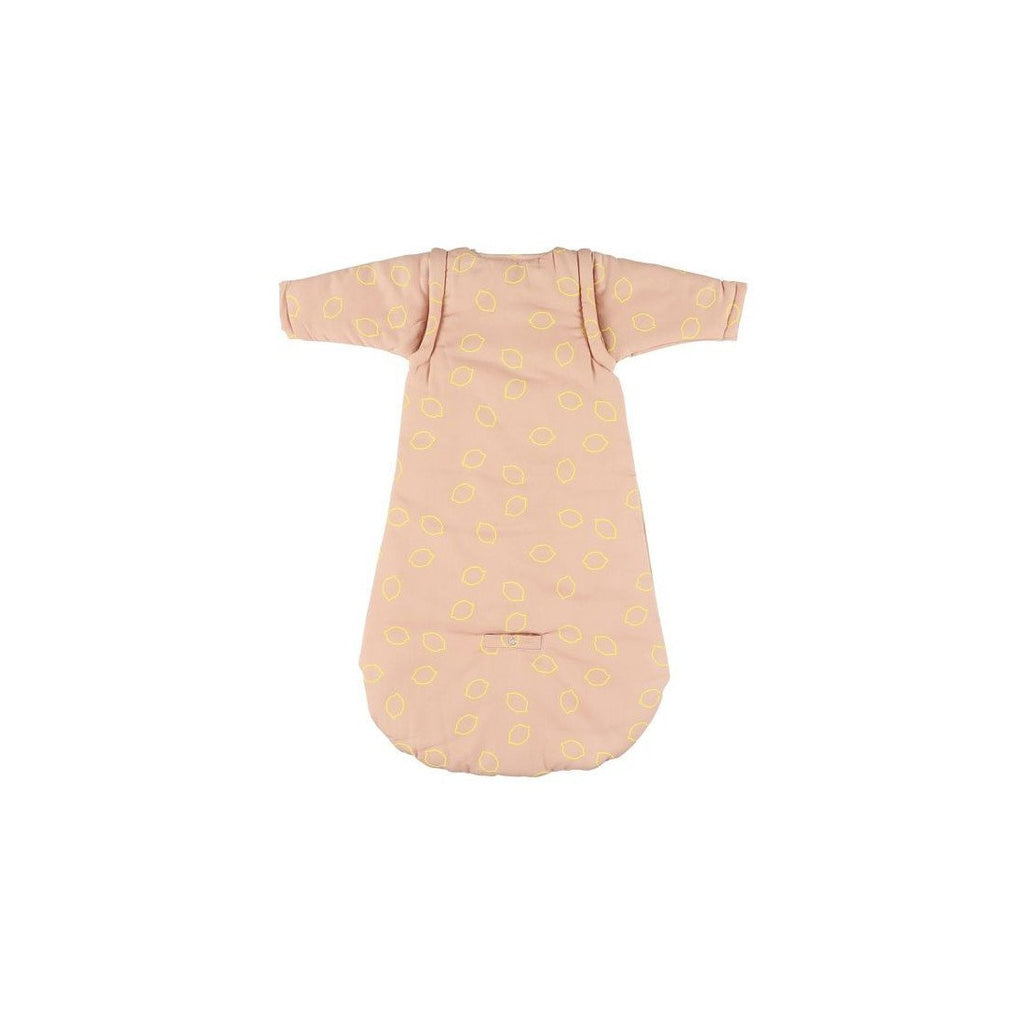 1. Back view of Trixie Baby winter-autumn sleeping bag for babies, 70 cm, with detachable sleeves and yellow leaf pattern on pink organic cotton