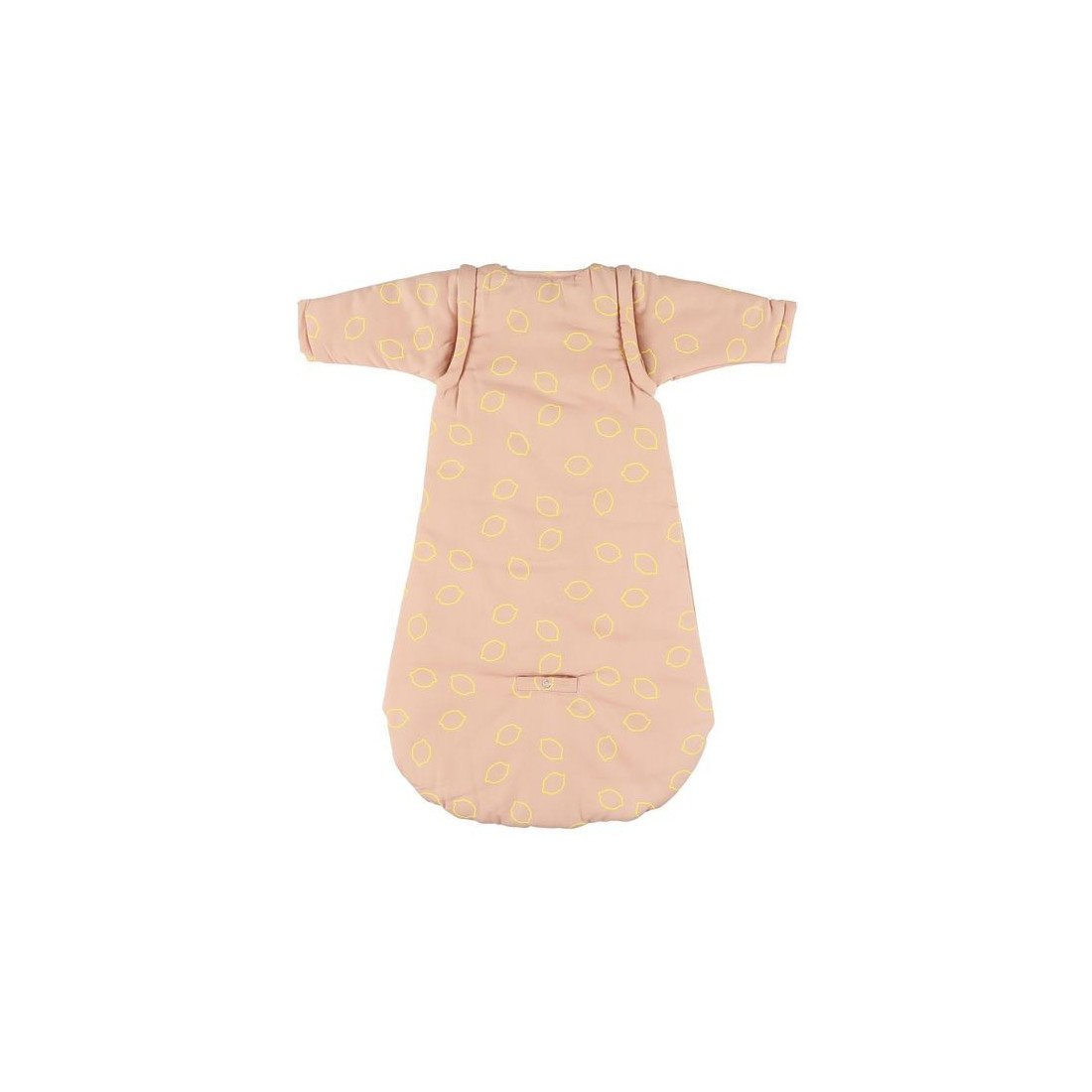1. Back view of Trixie Baby winter-autumn sleeping bag for babies, 70 cm, with detachable sleeves and yellow leaf pattern on pink organic cotton
