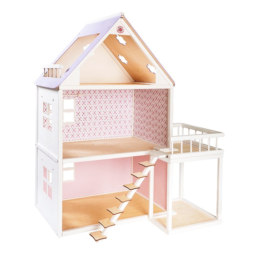 1. Rose dollhouse with white wooden balcony extension and pink floral interior, shown in studio setting
