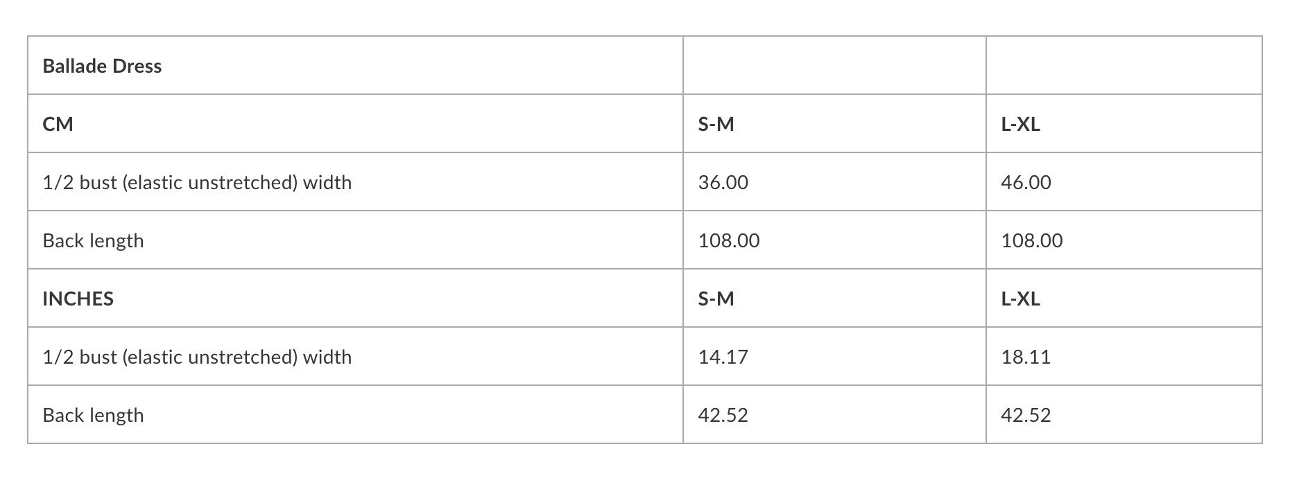 5. Size chart for Ballade dress showing measurements in centimeters and inches for sizes S-M and L-XL