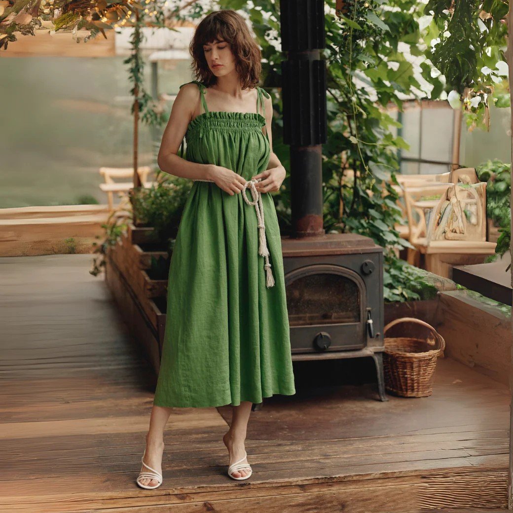 1. Woman wearing green linen Ballade dress with tie straps standing in a cozy indoor setting with plants and wooden furniture