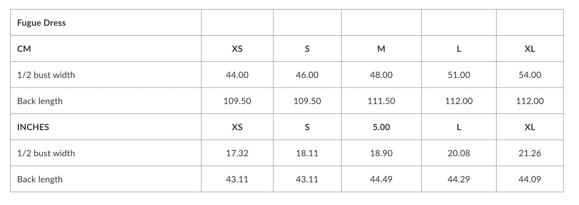 2. Size chart for Fugue Dress showing bust width and back length in centimeters and inches for sizes XS to XL