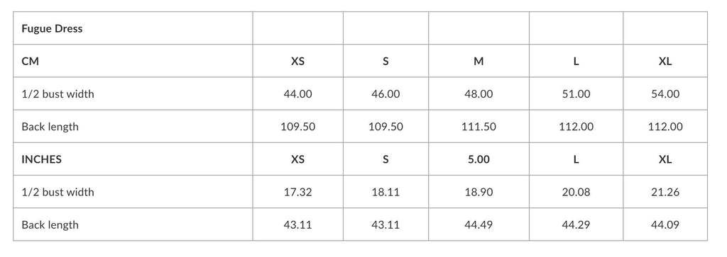 4. Size chart for Fugue Dress showing bust width and back length in centimeters and inches for sizes XS to XL
