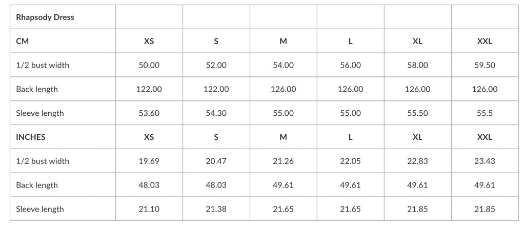 5. Size chart for Rhapsody Dress showing measurements in centimeters and inches for sizes XS to XXL