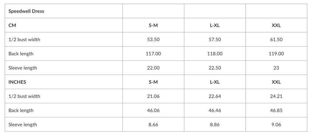 5. Size chart for Speedwell Dress in centimeters and inches for sizes S-M, L-XL, XXL