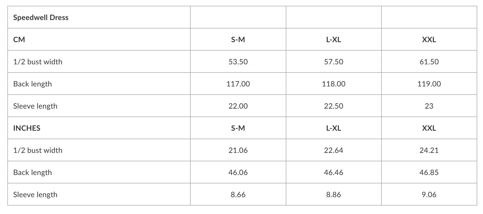 5. Size chart for Speedwell Dress in centimeters and inches for sizes S-M, L-XL, XXL