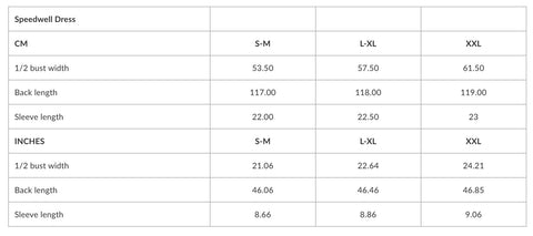 5. Size chart for Speedwell Dress showing measurements in centimeters and inches for sizes S-M, L-XL, and XXL
