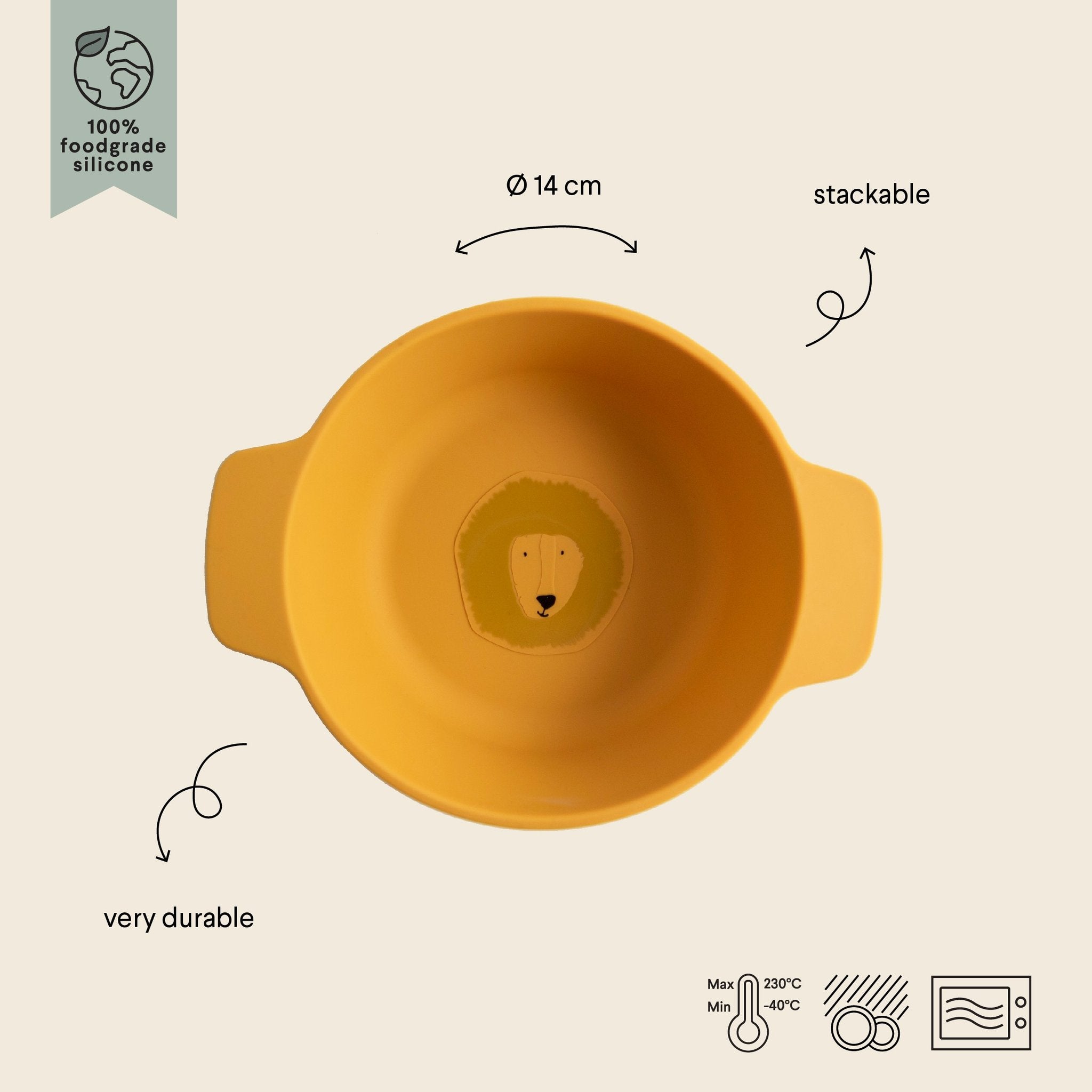 2. Yellow silicone bowl with lion face design, showing stackable and durable features with temperature icons