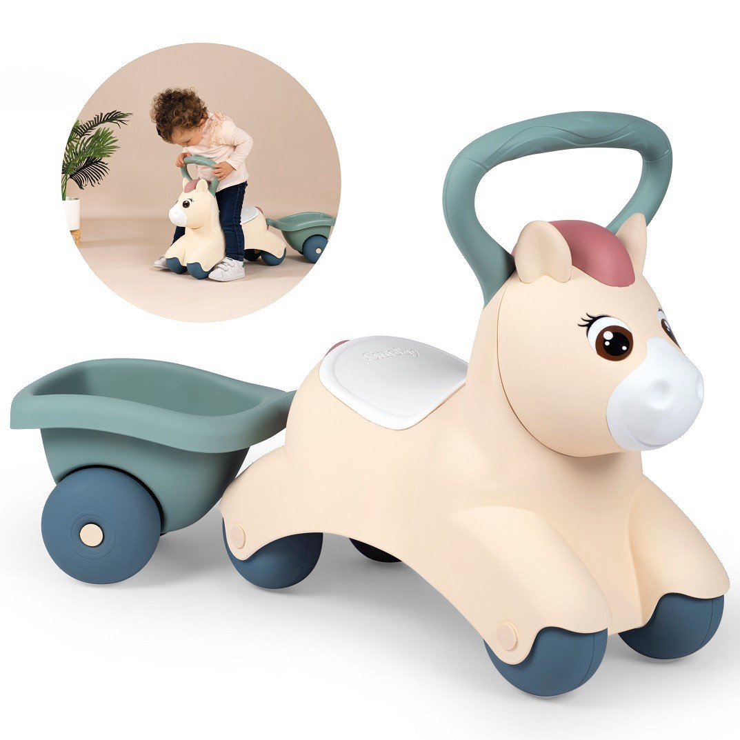 1. Beige ride-on pony with green handle and trailer, featuring a child playing in the background
