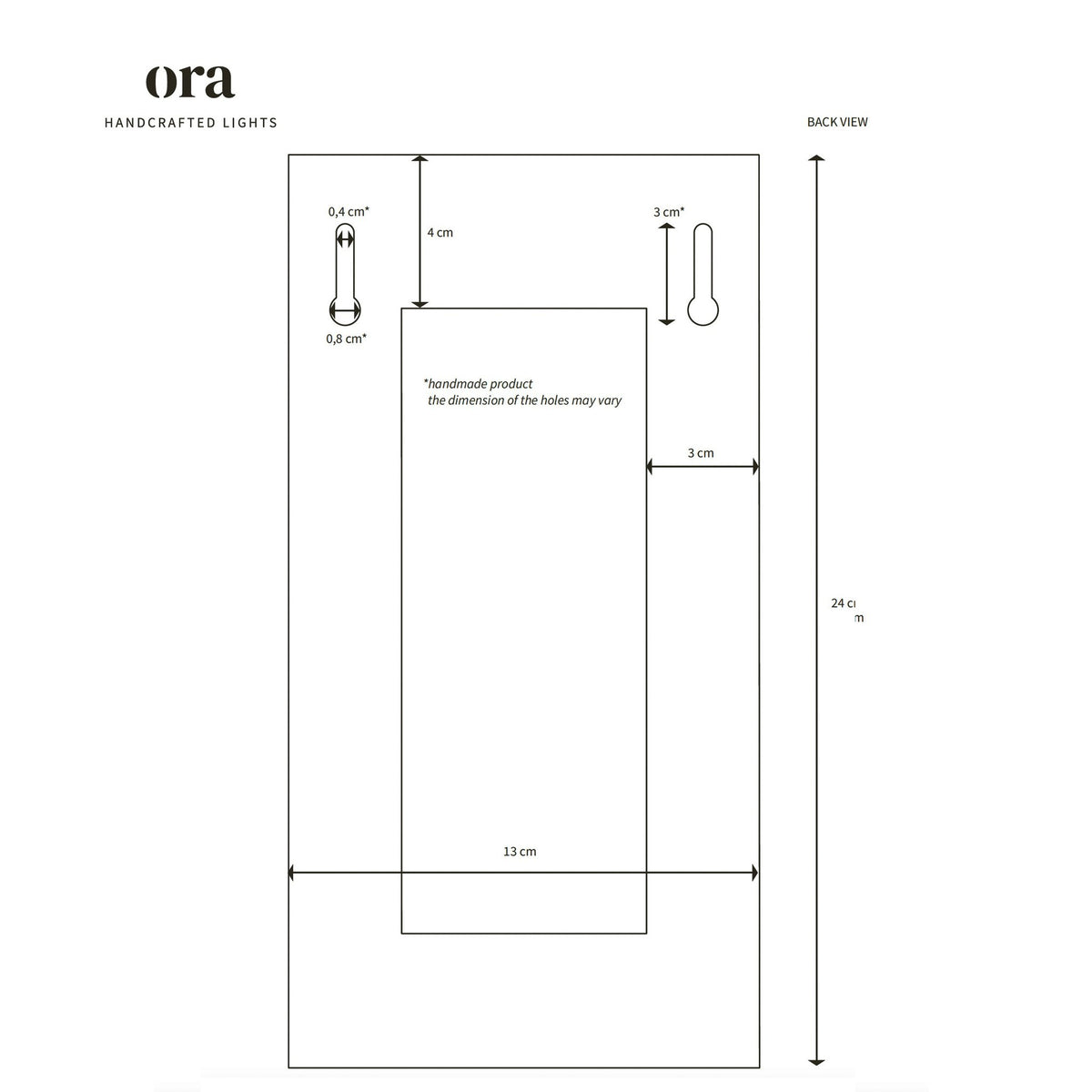 5. Back view size chart for Ora handcrafted wall light with dimensions