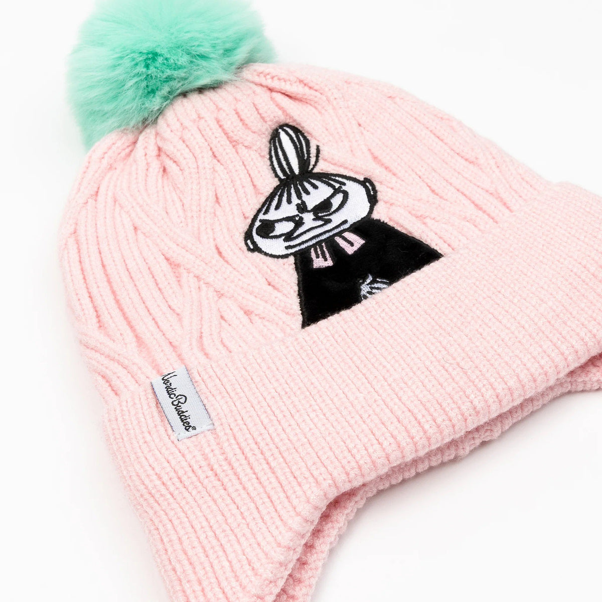 2. Pink Moomin beanie with Little My character and green pom-pom, NordicBuddies label visible