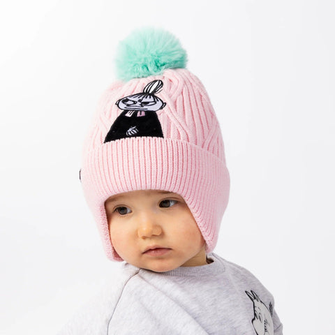 1. Child wearing pink Moomin beanie with Little My character and green pom-pom, soft fleece inside