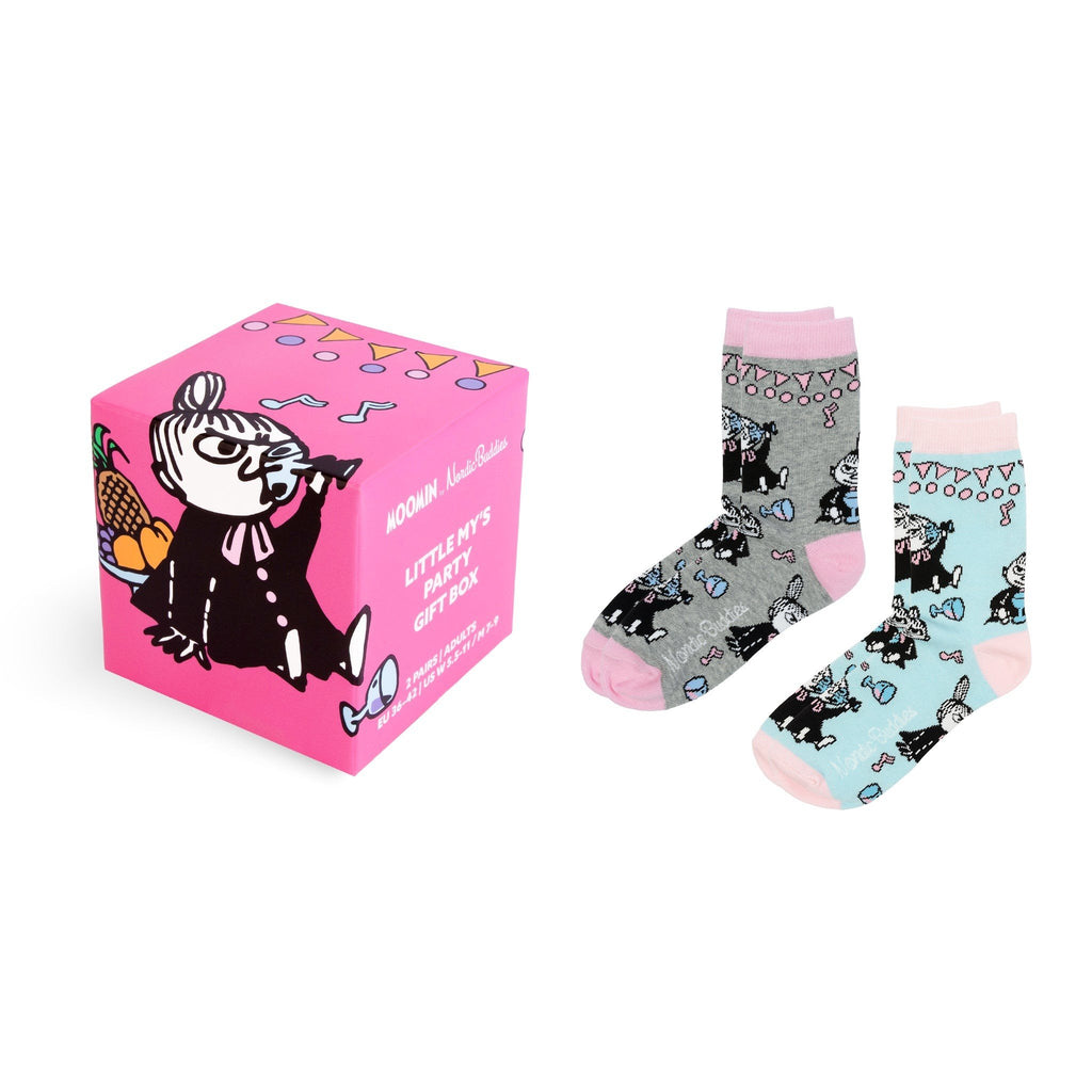 1. Little My's Party Gift Box with two pairs of colorful socks featuring Little My character, set against a pink background with playful illustrations