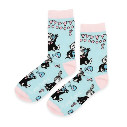 2. Pair of blue socks with Little My character and party motifs, featuring pink cuffs and toes, on a white background