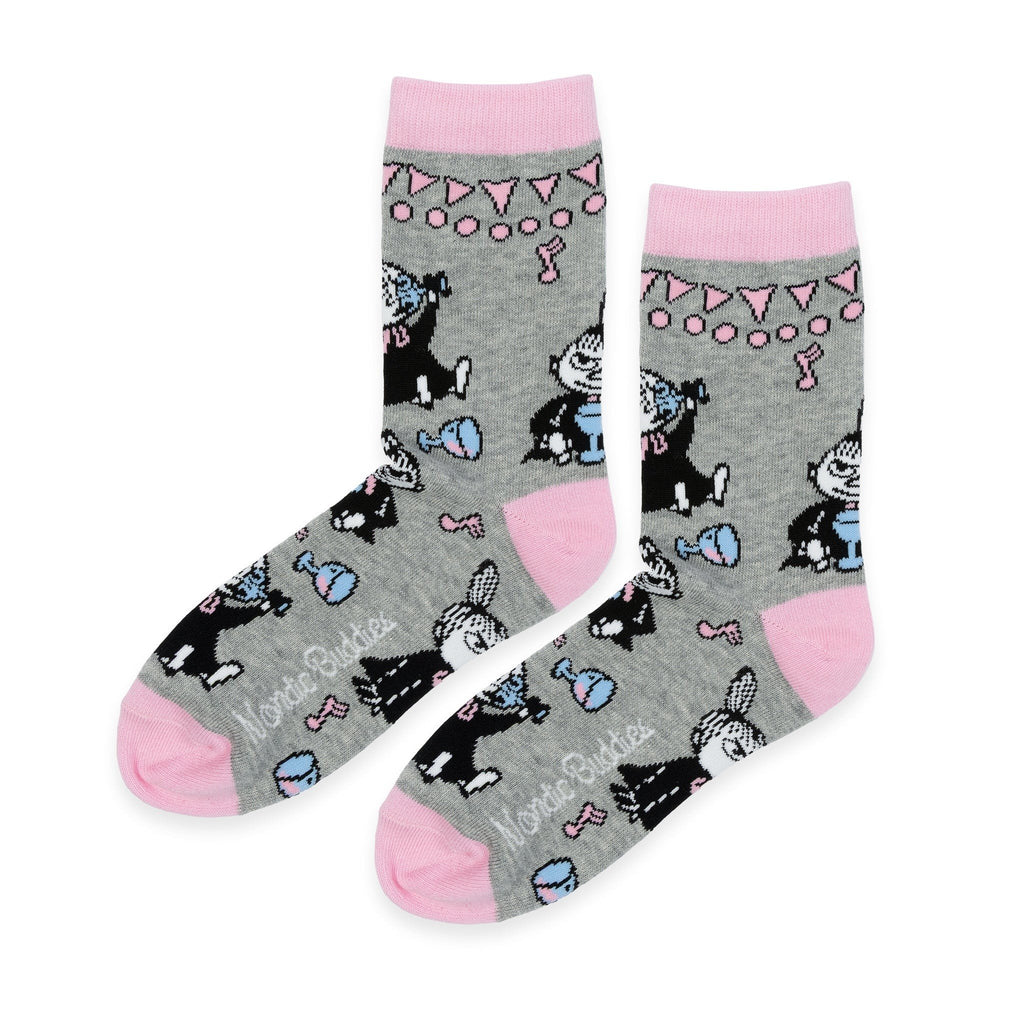 3. Pair of grey socks with Little My character and party motifs, featuring pink cuffs and toes, on a white background