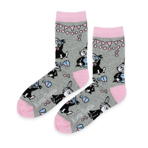 3. Pair of grey socks with Little My character and party motifs, featuring pink cuffs and toes, on a white background