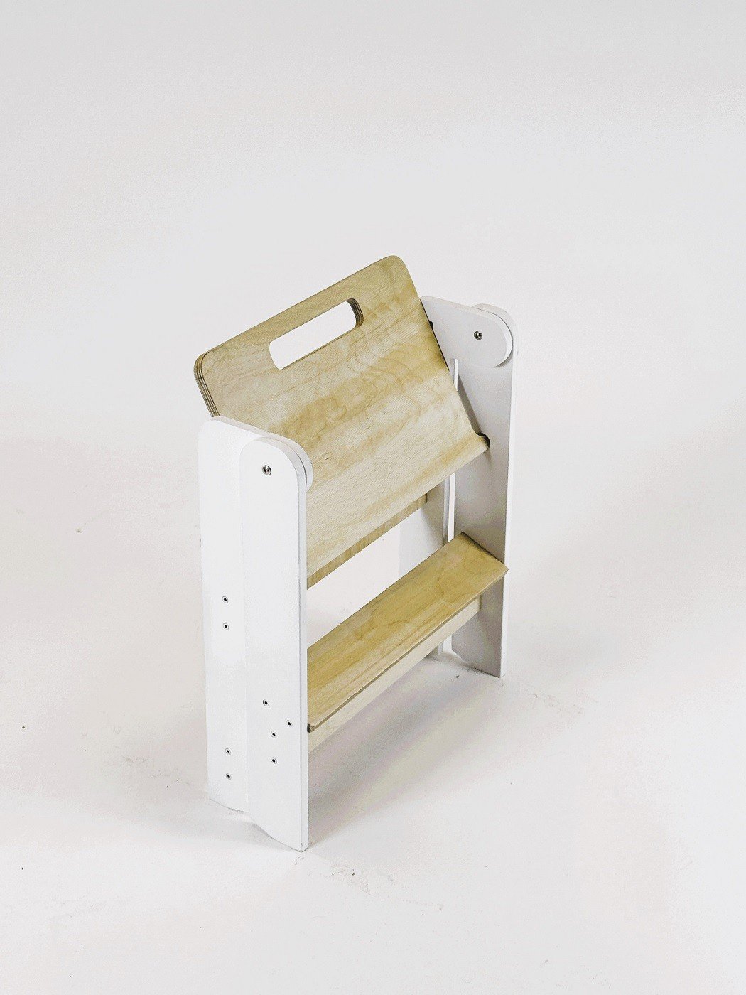 3. Folded wooden step stool with white sides and natural wood steps on white background