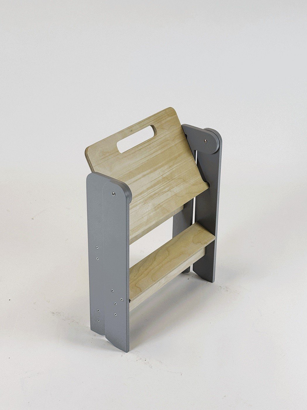 3. Folded wooden step stool with grey sides and natural wood steps on white background