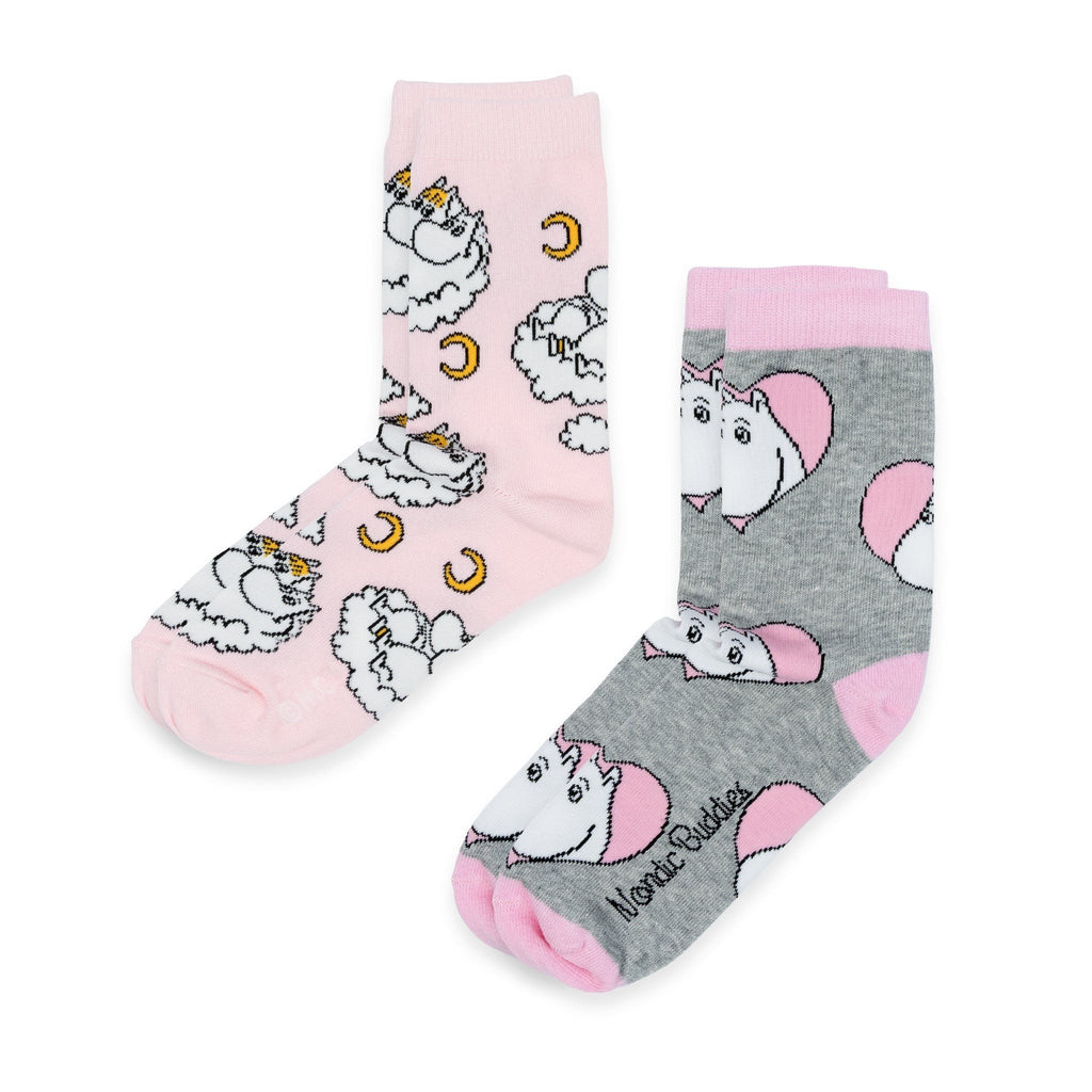 4. Two pairs of socks, one pink with Moomin and moon design, one grey with Moomin heart design, laid flat