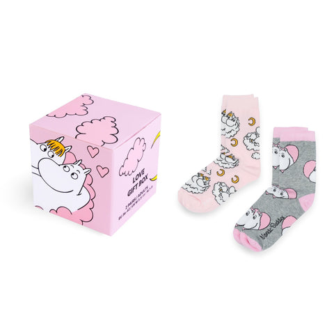 1. Moomin by NordicBuddies Love Gift Box with two pairs of socks, one pink with Moomin and moon design, one grey with Moomin heart design, on white background