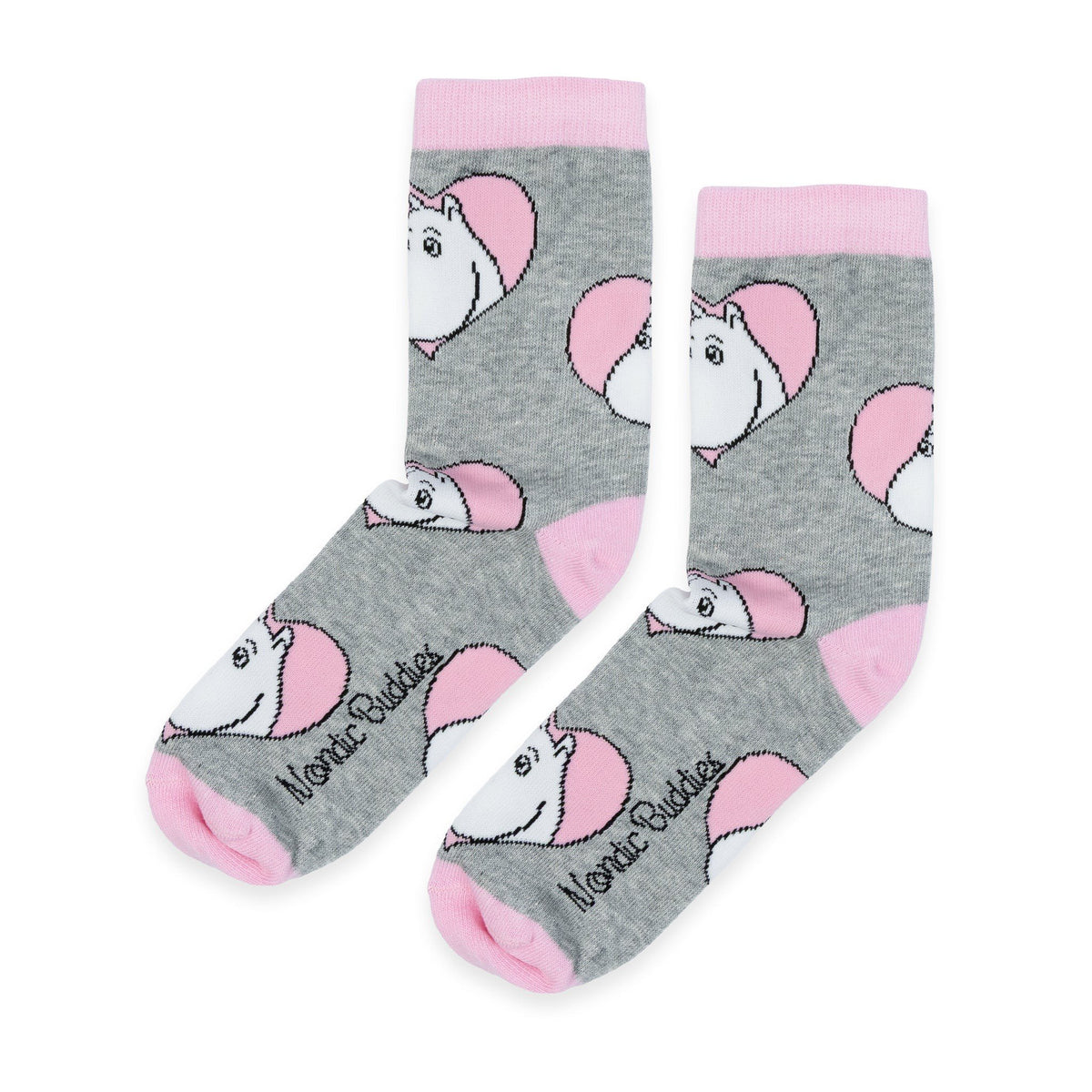 2. Grey socks with pink accents featuring Moomin character in heart design and NordicBuddies logo