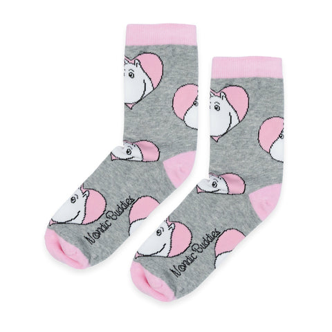 2. Grey socks with pink accents featuring Moomin character in heart design and NordicBuddies logo