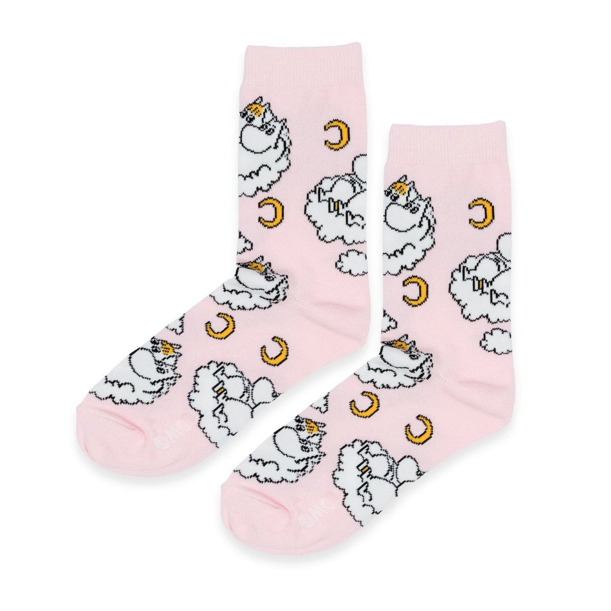 5. Pink socks with Moomin character and moon design, featuring yellow and white accents