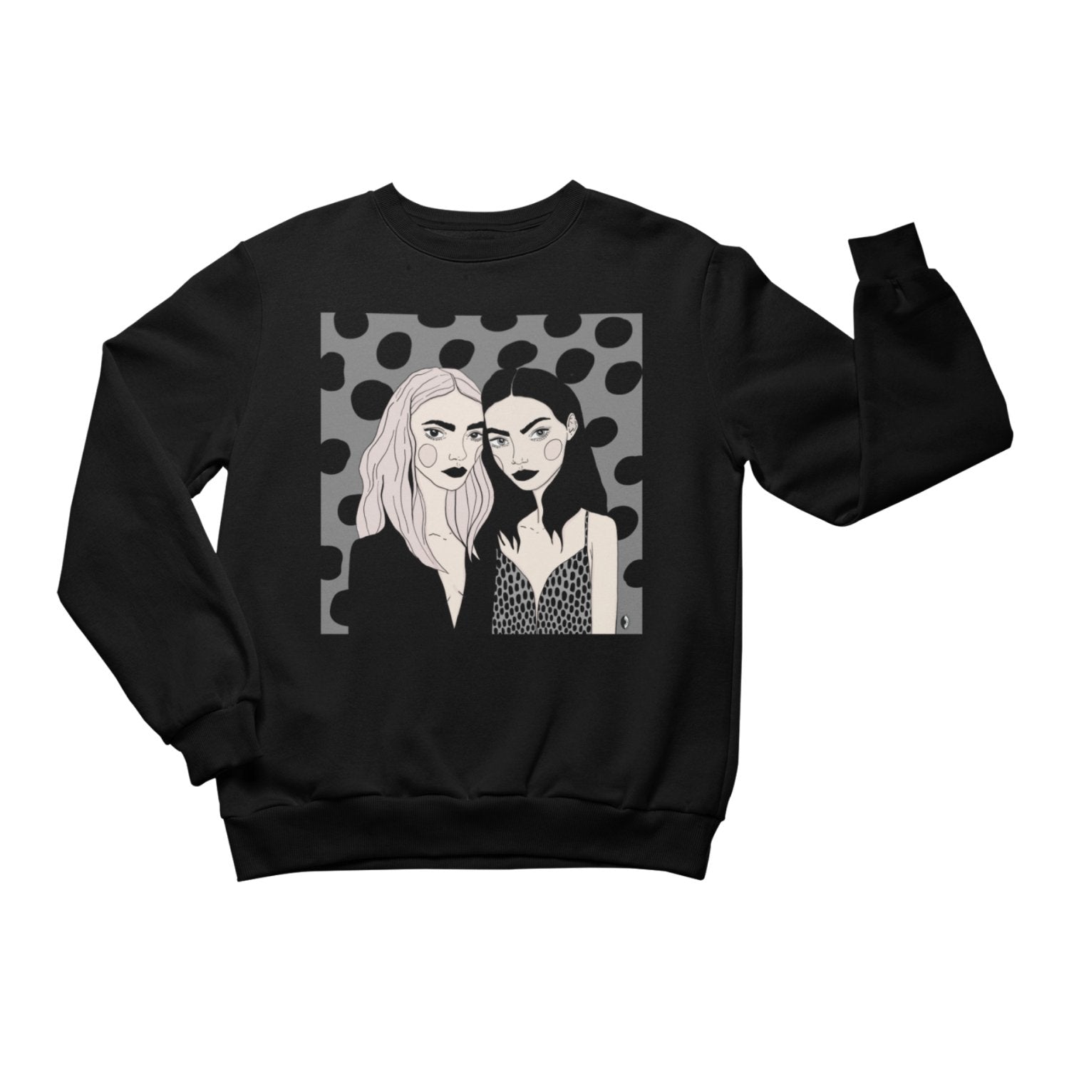 1. Unisex crewneck sweatshirt with 'Love Your Sisters' illustration by Getter Tiivits, shown in studio setting