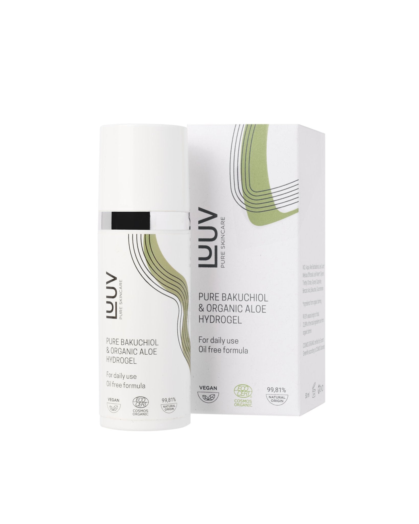 2. Studio shot of LUUV Pure Bakuchiol & Organic Aloe Hydrogel with packaging, highlighting vegan and organic certification
