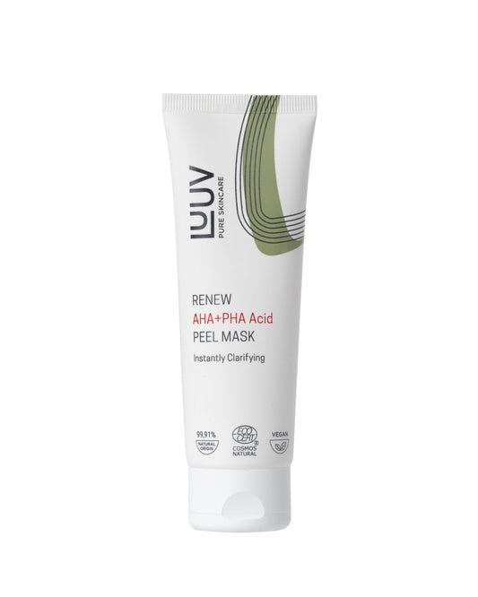 2. Studio image of LUUV AHA+PHA Acid Peel Mask, 75 ml, featuring product details and ECOCERT/COSMOS certification