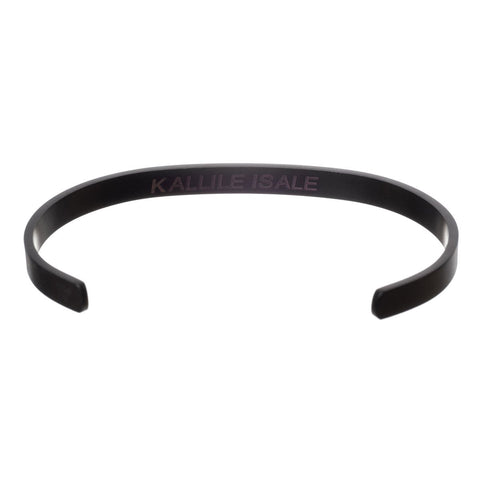 2. Men's black bracelet with engraved text 'KALLILE ISALE' on a white background