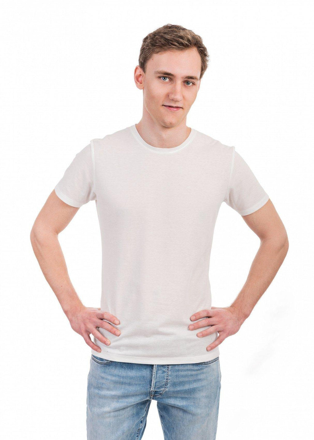 3. Flat lay of men's white tan-through t-shirt by Smarttan with red inner collar detail