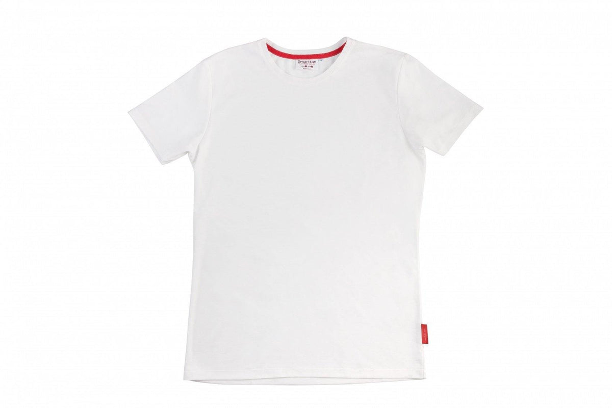 2. Men's white tan-through t-shirt by Smarttan shown on male model in studio
