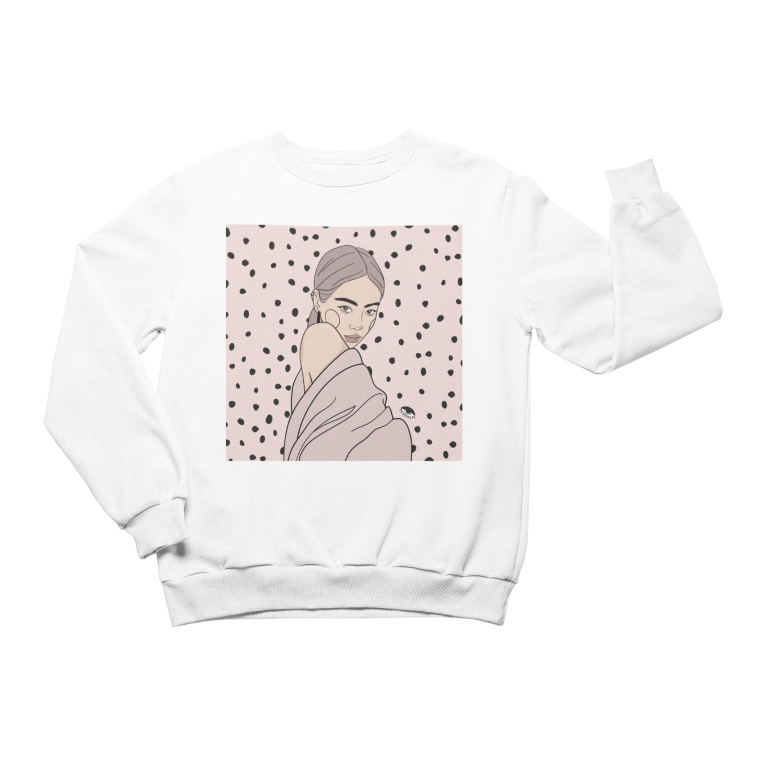 1. Unisex white crewneck sweatshirt with illustration by Getter Tiivits, shown in studio setting
