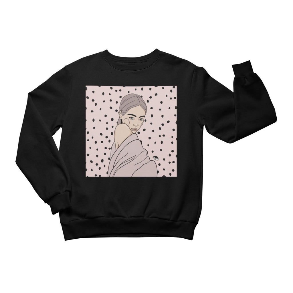 2. Unisex black crewneck sweatshirt featuring unique illustration by Getter Tiivits, studio shot