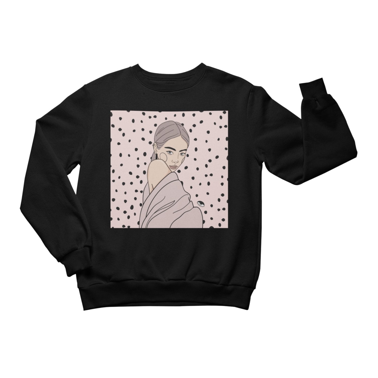 2. Unisex black crewneck sweatshirt featuring unique illustration by Getter Tiivits, studio shot