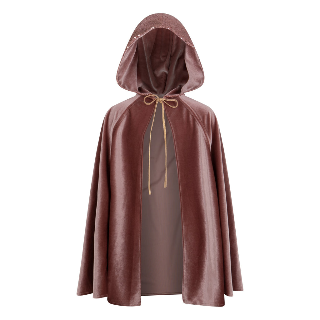 2. Studio shot of children's shimmering cosmic pearl cape with deep hood and snap fastening, made of soft velour by moi mili