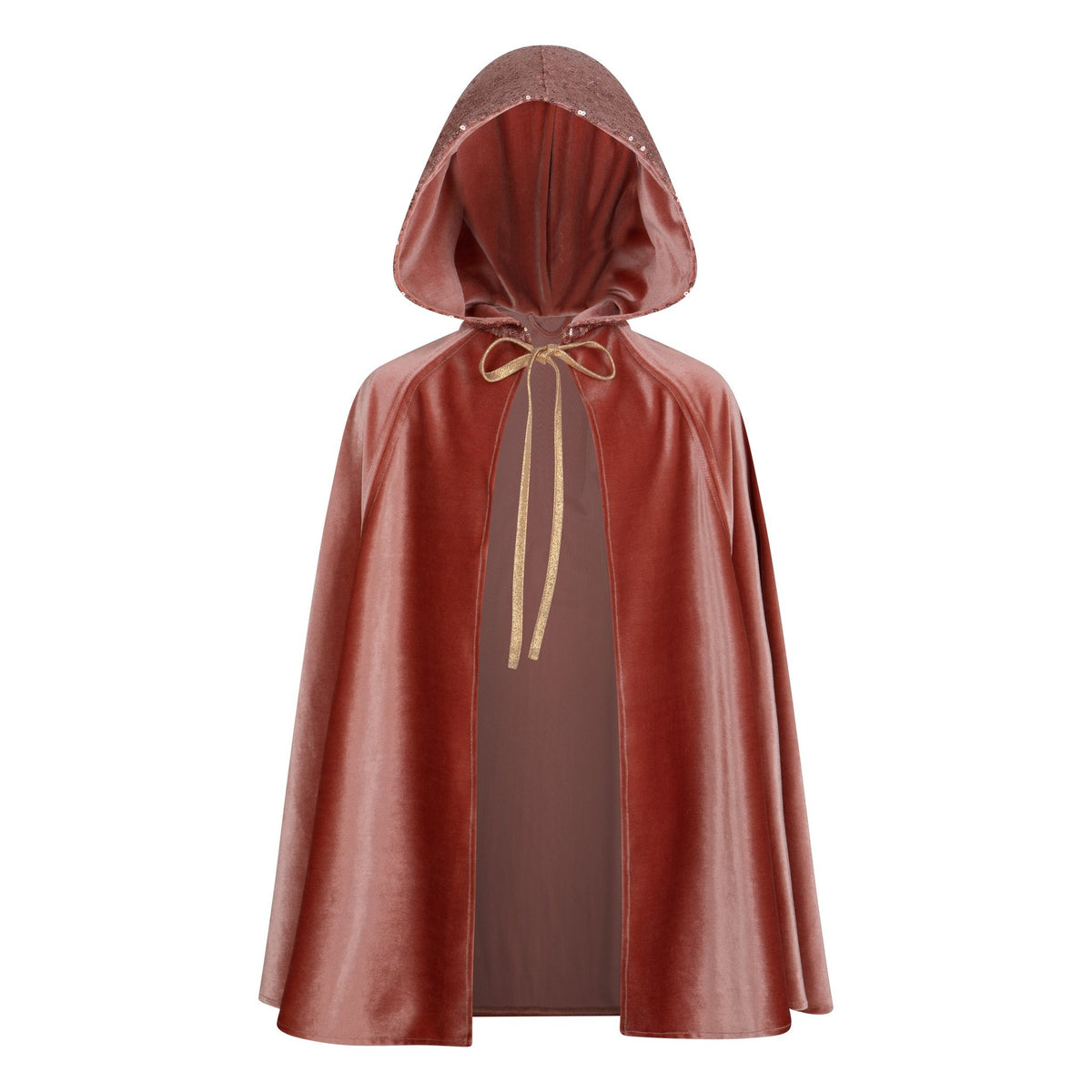 4. Studio shot of pink velour cape with deep hood and lace closure on white background