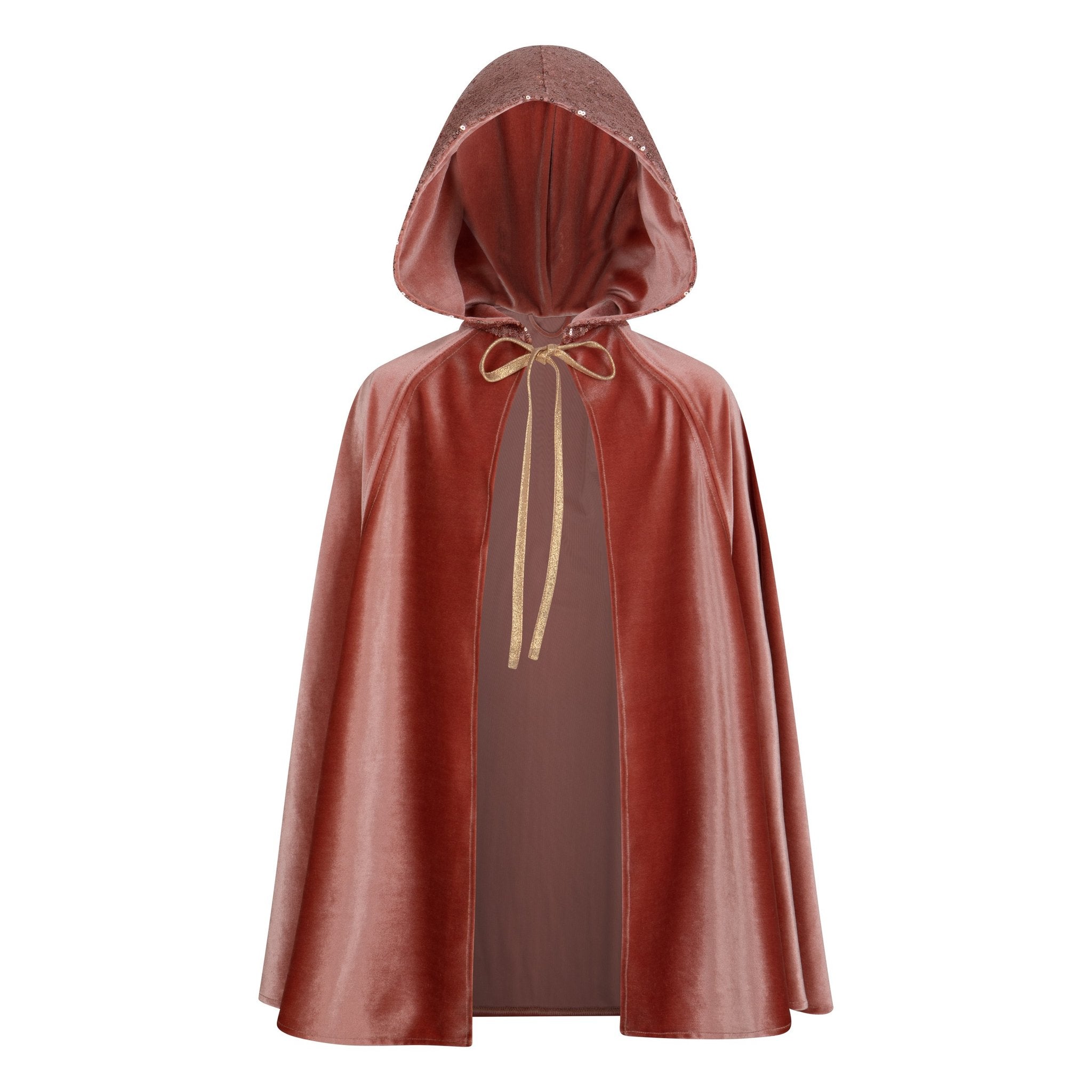 4. Studio shot of pink velour cape with deep hood and lace closure on white background