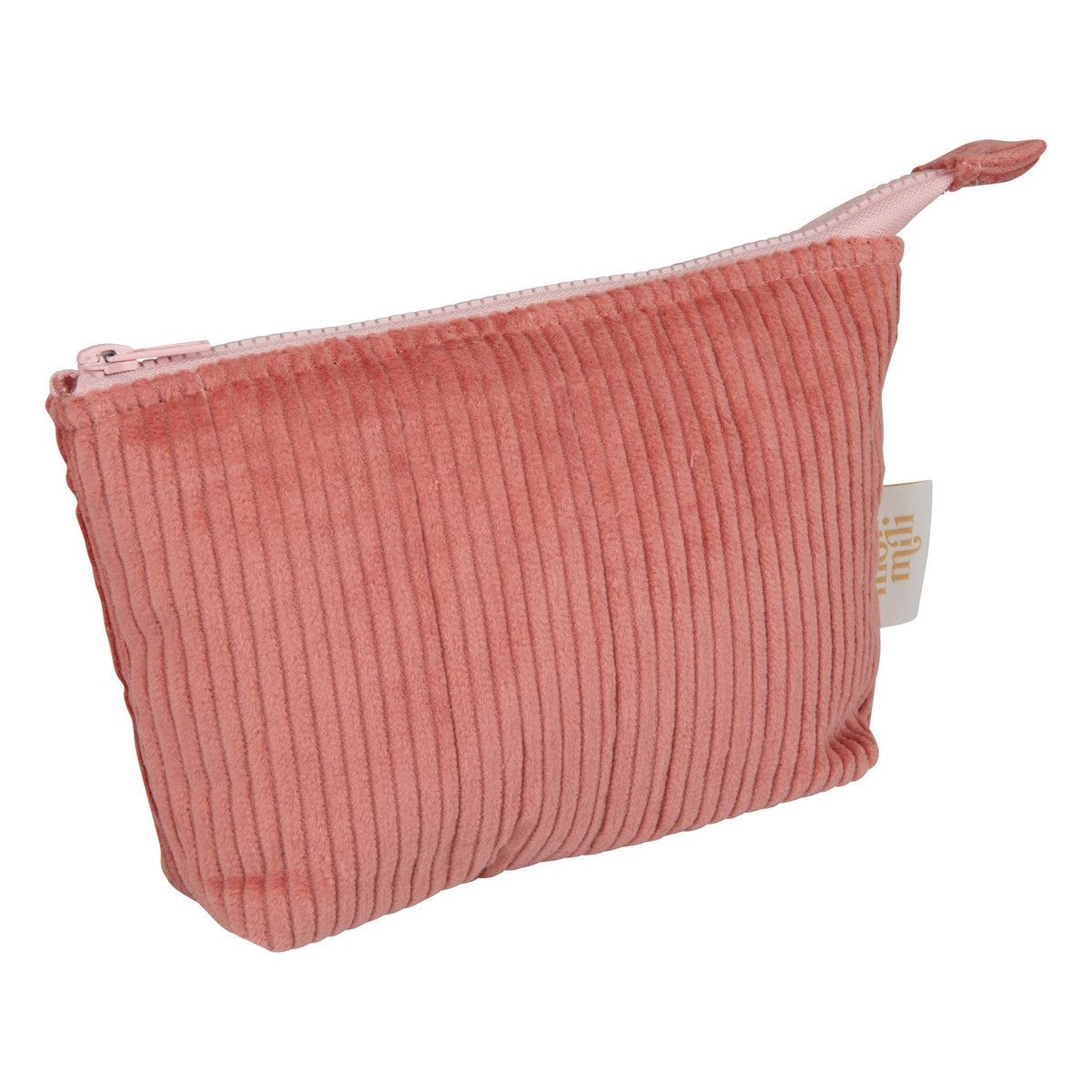 2. Small coral makeup bag with zipper closure, featuring textured fabric and Moi Mili logo tag