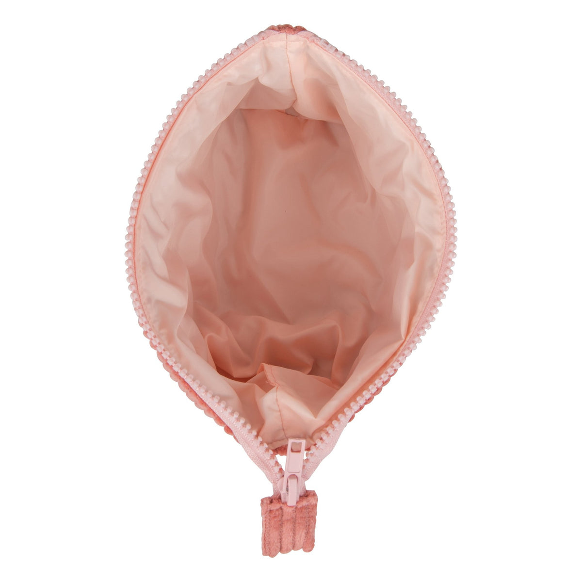 3. Interior view of coral makeup bag showing waterproof lining and zipper closure