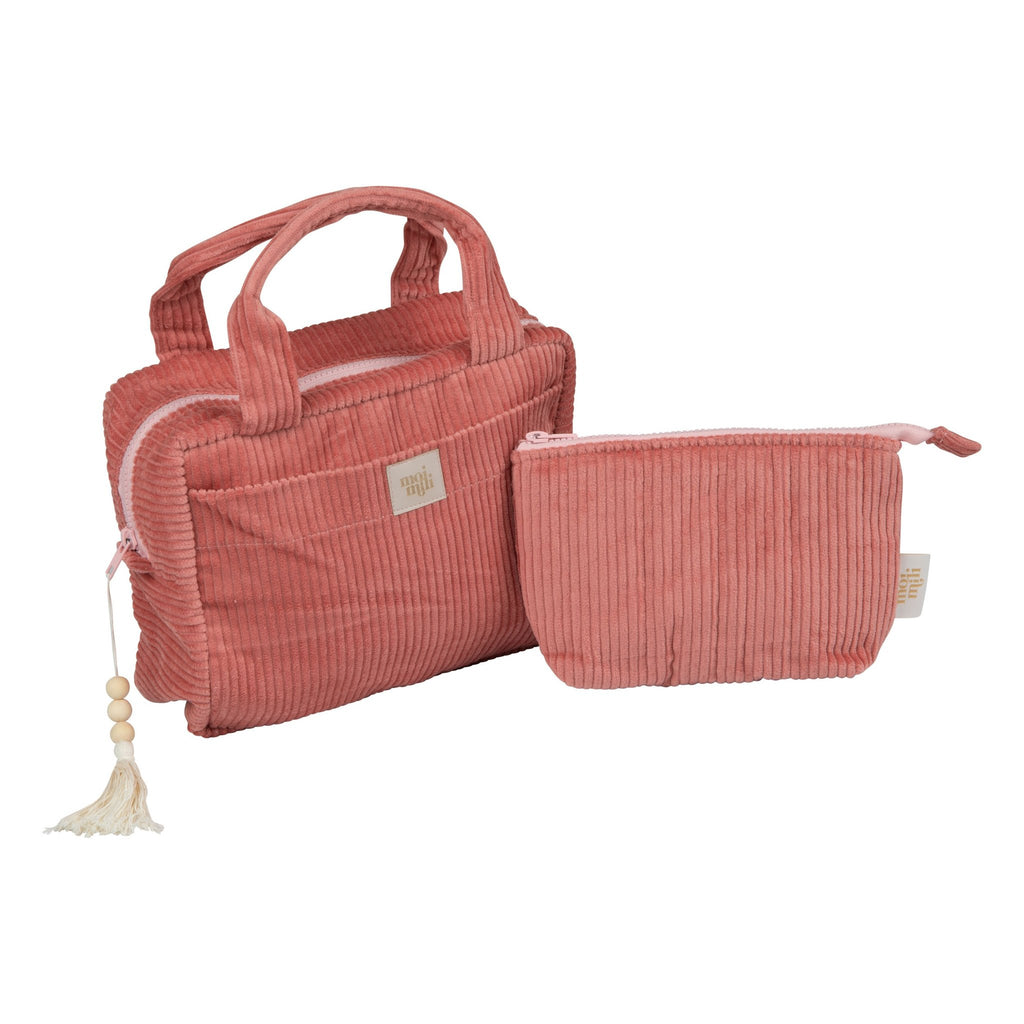 1. Set of two coral makeup bags, one large and one small, with textured fabric and tassel detail, shown on white background