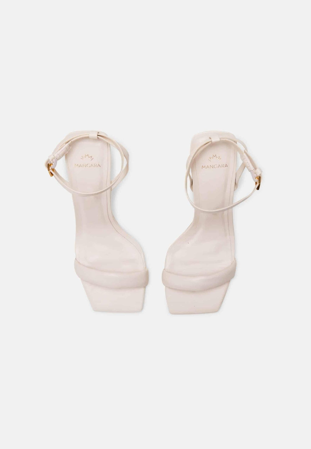 11. Top view of Mangará Cortiça off white high heel sandals showing square toe and brand logo